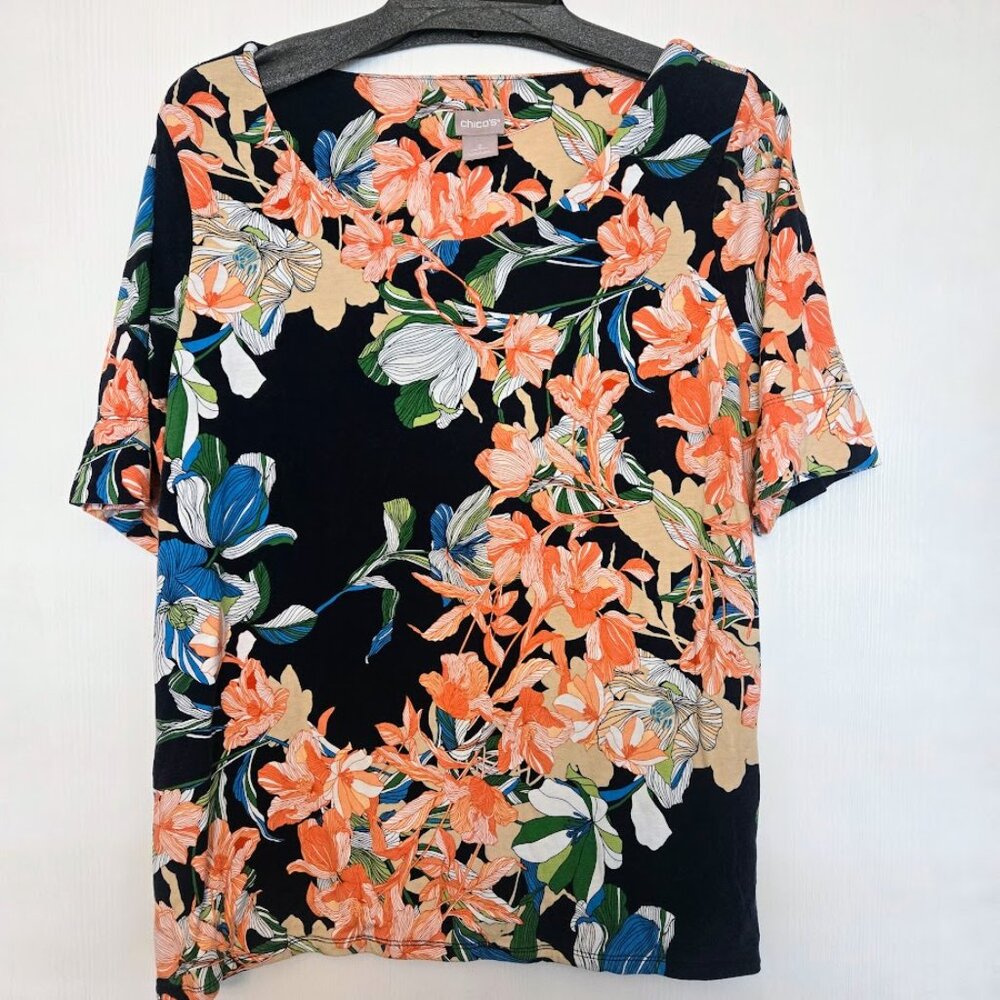 Chico's dark‎ navy floral S/S top Size 2/L